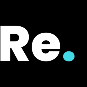 Image d'un texte avec l'inscription "Re." en blanc avec le point bleu. L'abréviation "Re. est pour désigner le produits "gouttières résidentielles".